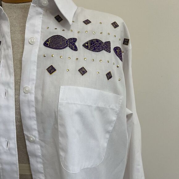 Women’s Small Vintage Designer Gepetto Button Up Blouse Fish Studded Art Deco - Picture 2 of 8